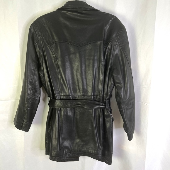 AKOURY CUIRS BLACK LEATHER COAT LAMBSKIN SOFT LEATHER BELTED SINGLE BREAST SMALL - Picture 7 of 13